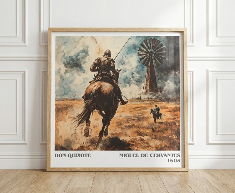 Don Quixote literary print in frame leaning in hallway – classic literature wall art