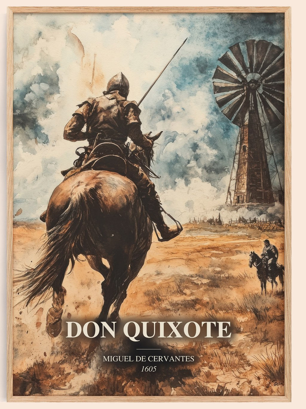 Don Quixote watercolour book poster by Miguel De Cervantes – framed literary art print