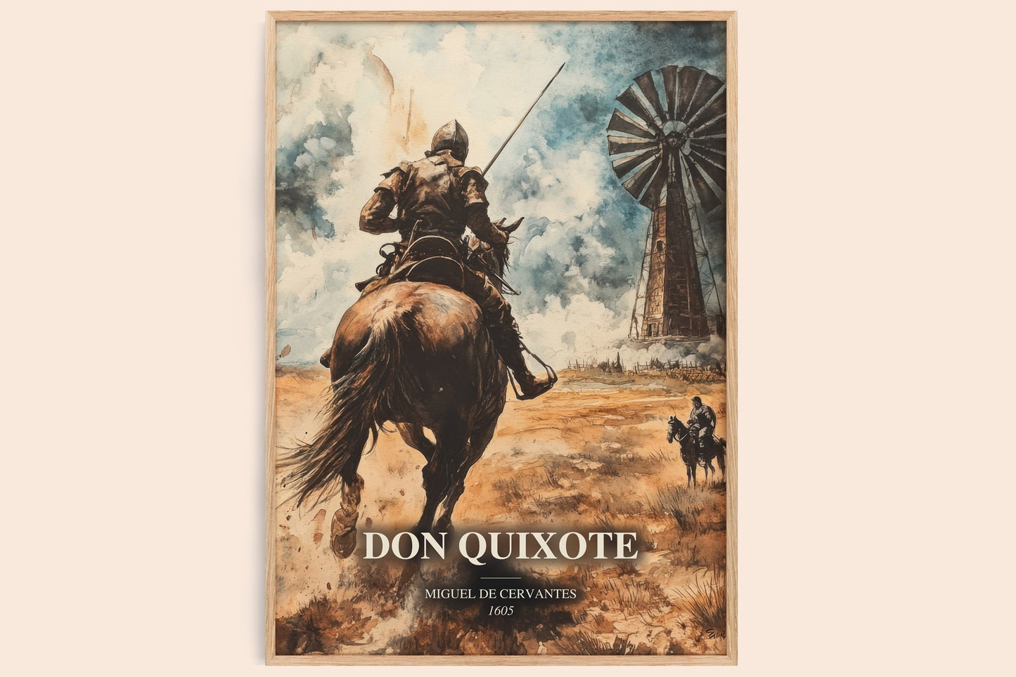 Don Quixote watercolour book poster by Miguel De Cervantes – framed literary art print