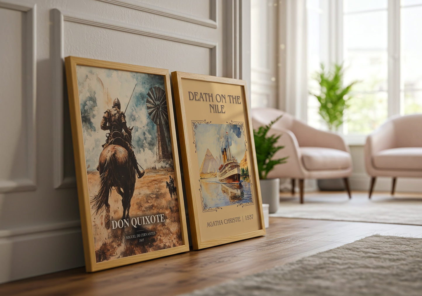 Don Quixote watercolour print framed by window – literary home decor