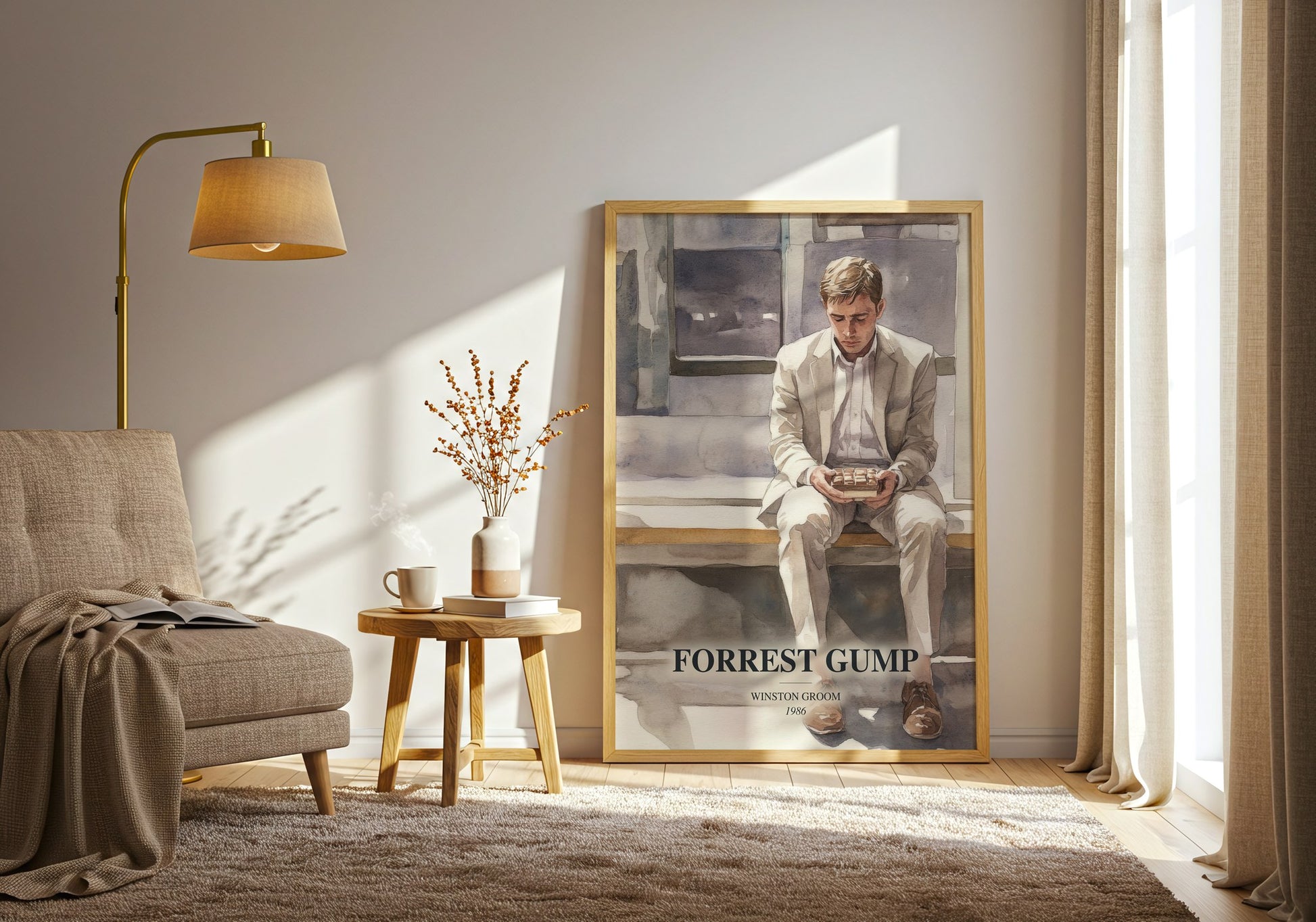 Forrest Gump watercolour print in frame leaning in hallway – contemporary fiction wall art