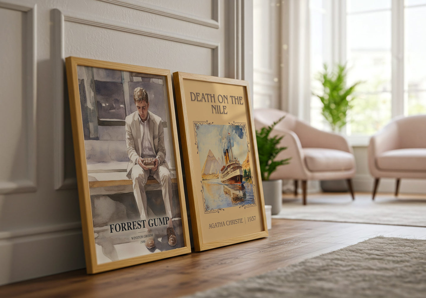 Forrest Gump watercolour print framed by window – literary home decor