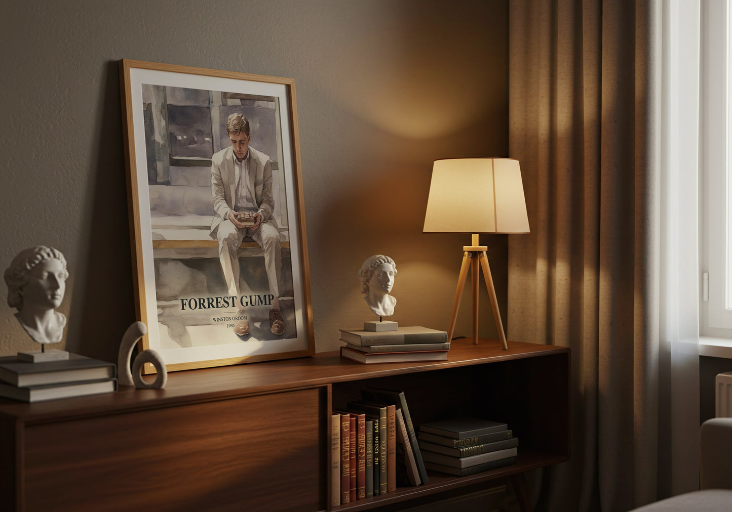 Forrest Gump watercolour print on bookshelf – Winston Groom fan gift