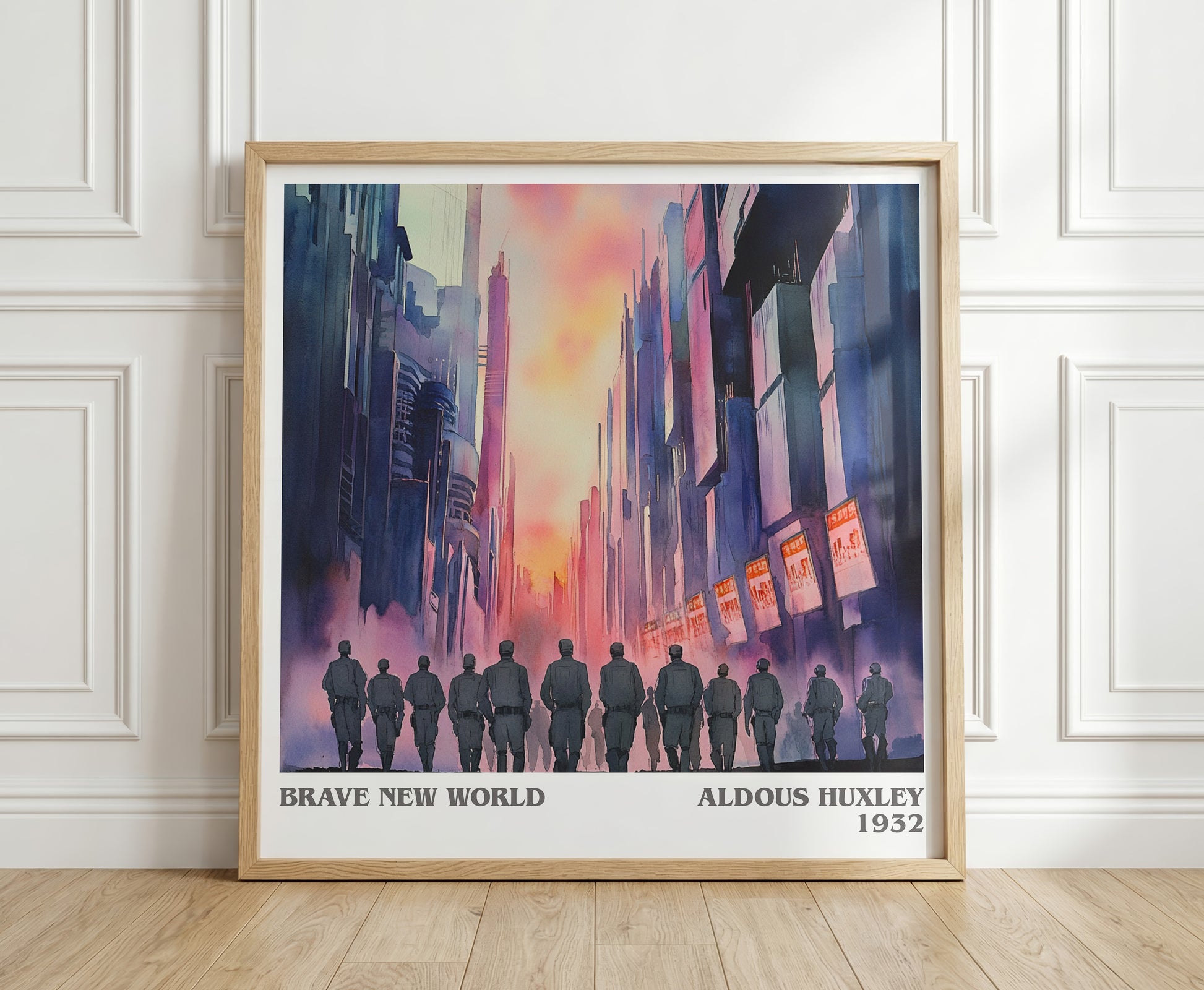 Brave New World literary print in frame leaning in hallway – dystopian wall art