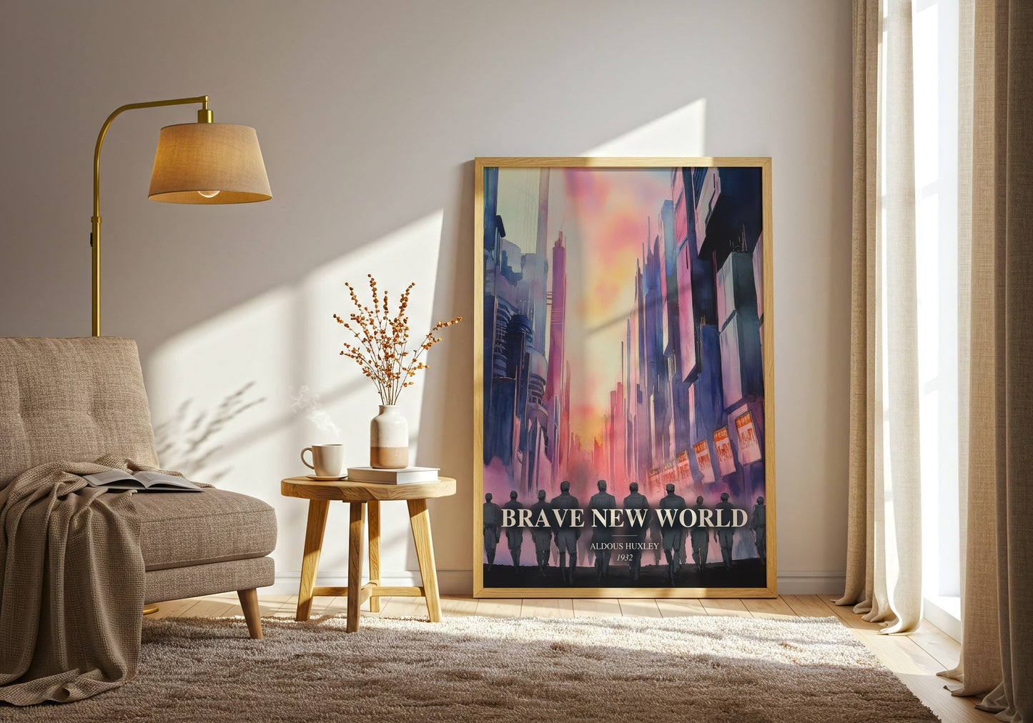 Brave New World watercolour print in frame leaning in hallway – dystopian wall art