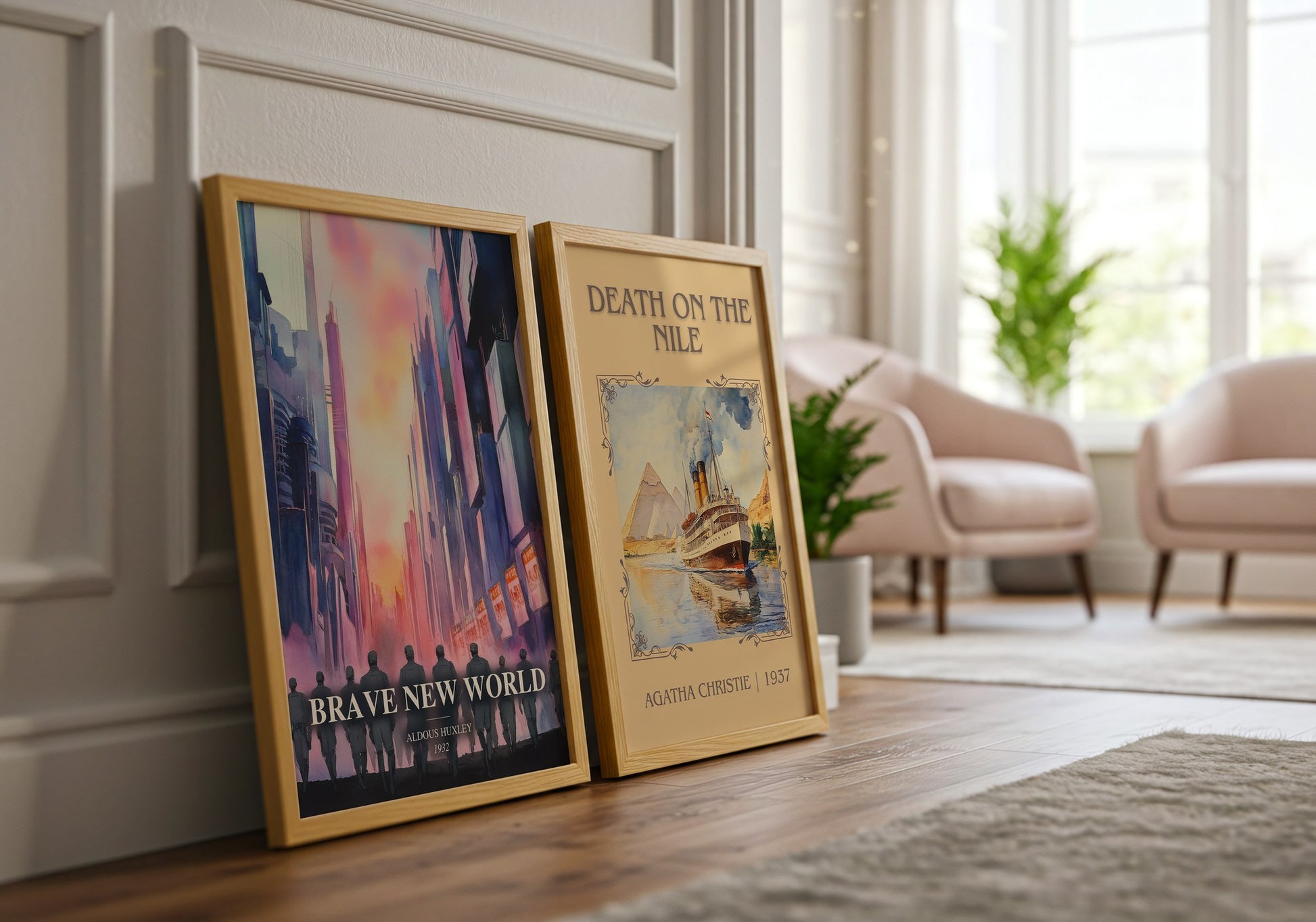 Brave New World watercolour print framed by window – literary home decor