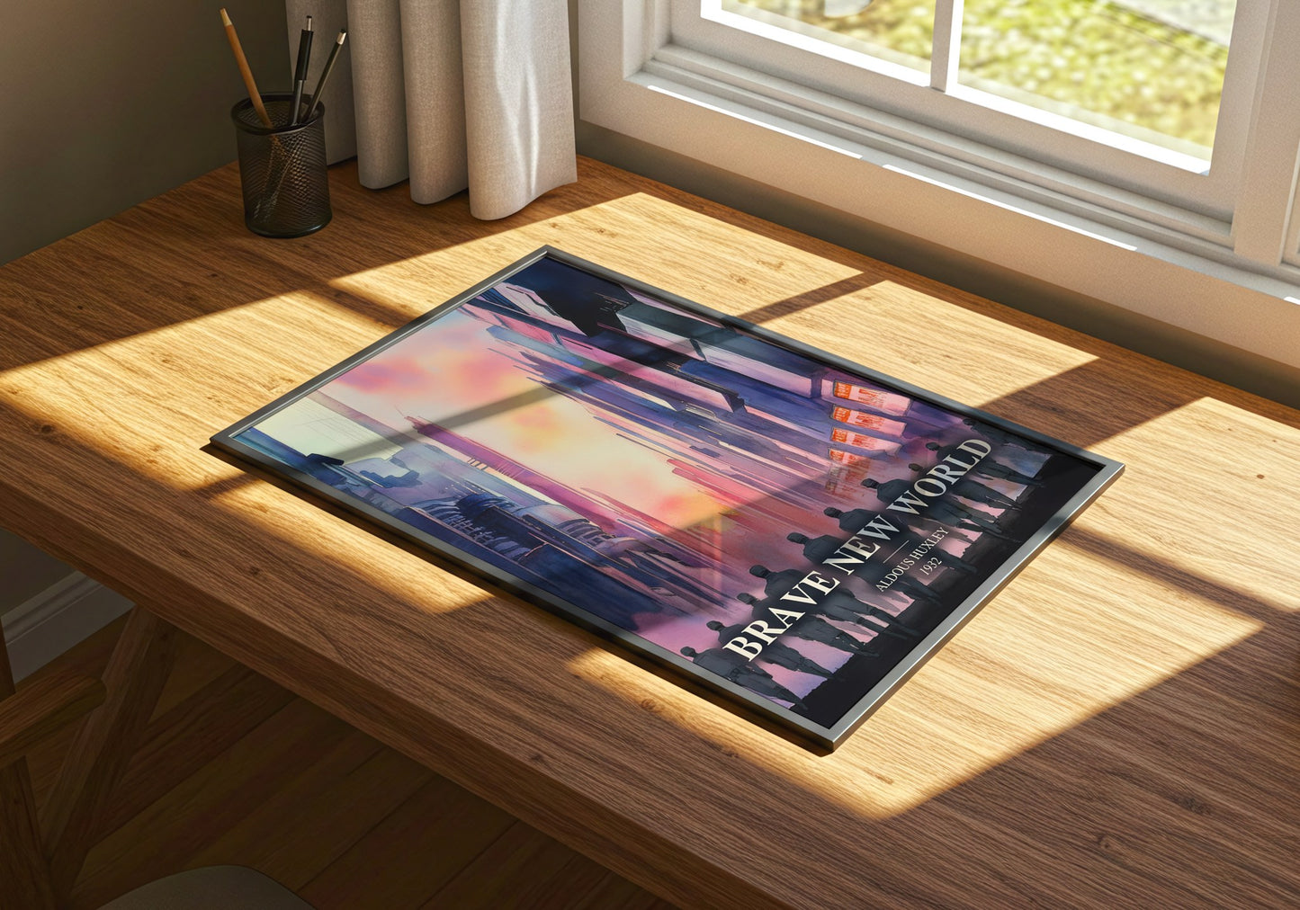 Brave New World watercolour book poster framed on wall – dystopian wall art
