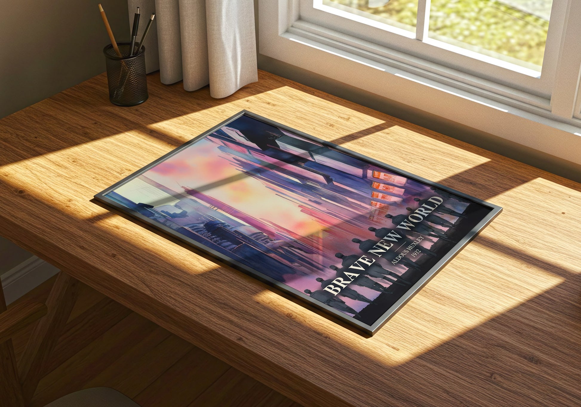 Brave New World watercolour book poster framed on wall – dystopian wall art