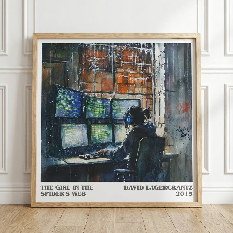 The Girl In The Spider's Web literary print in frame leaning in hallway – thriller wall art