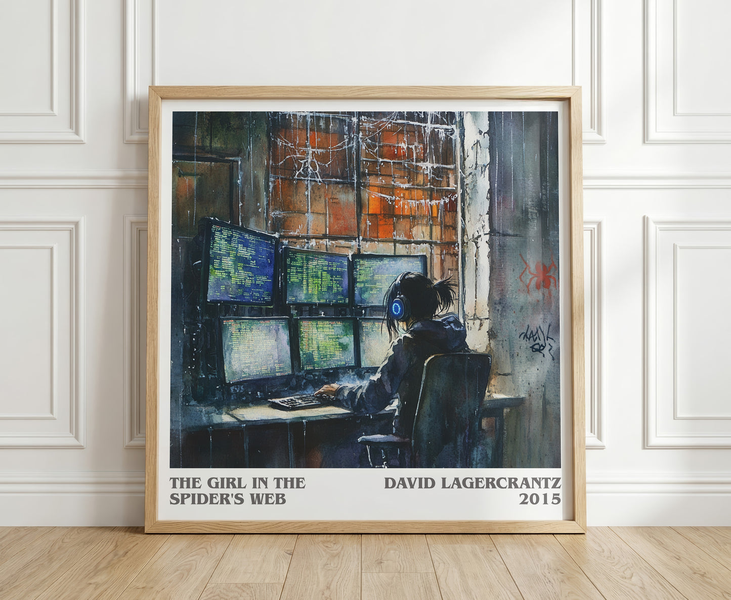 The Girl In The Spider's Web literary print in frame leaning in hallway – thriller wall art