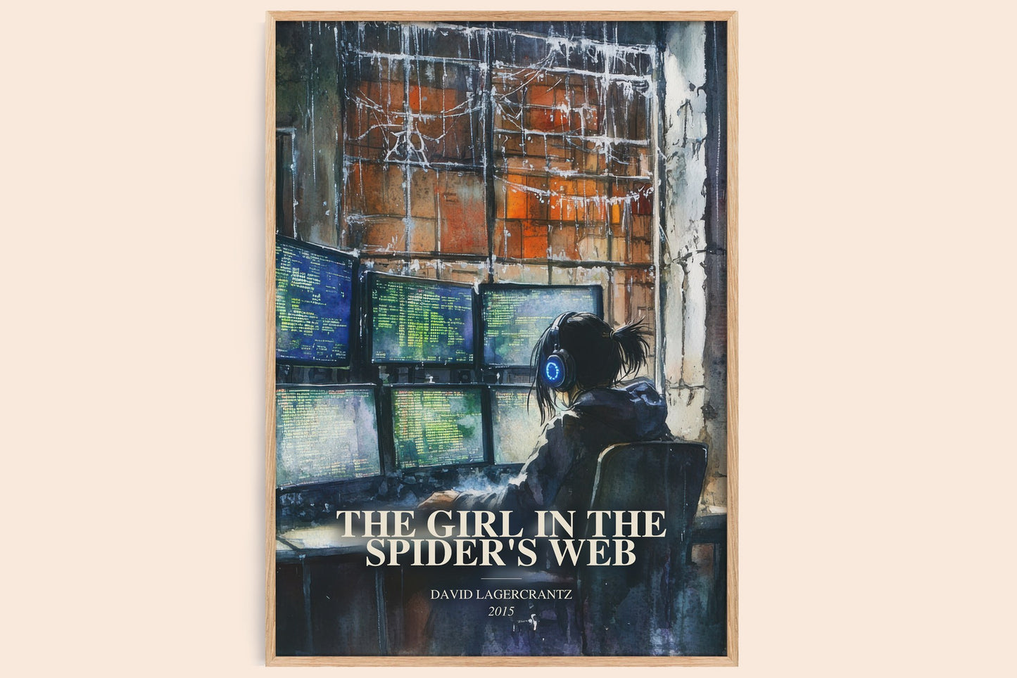 The Girl In The Spider'S Web watercolour book poster by David Lagercrantz – framed literary art print