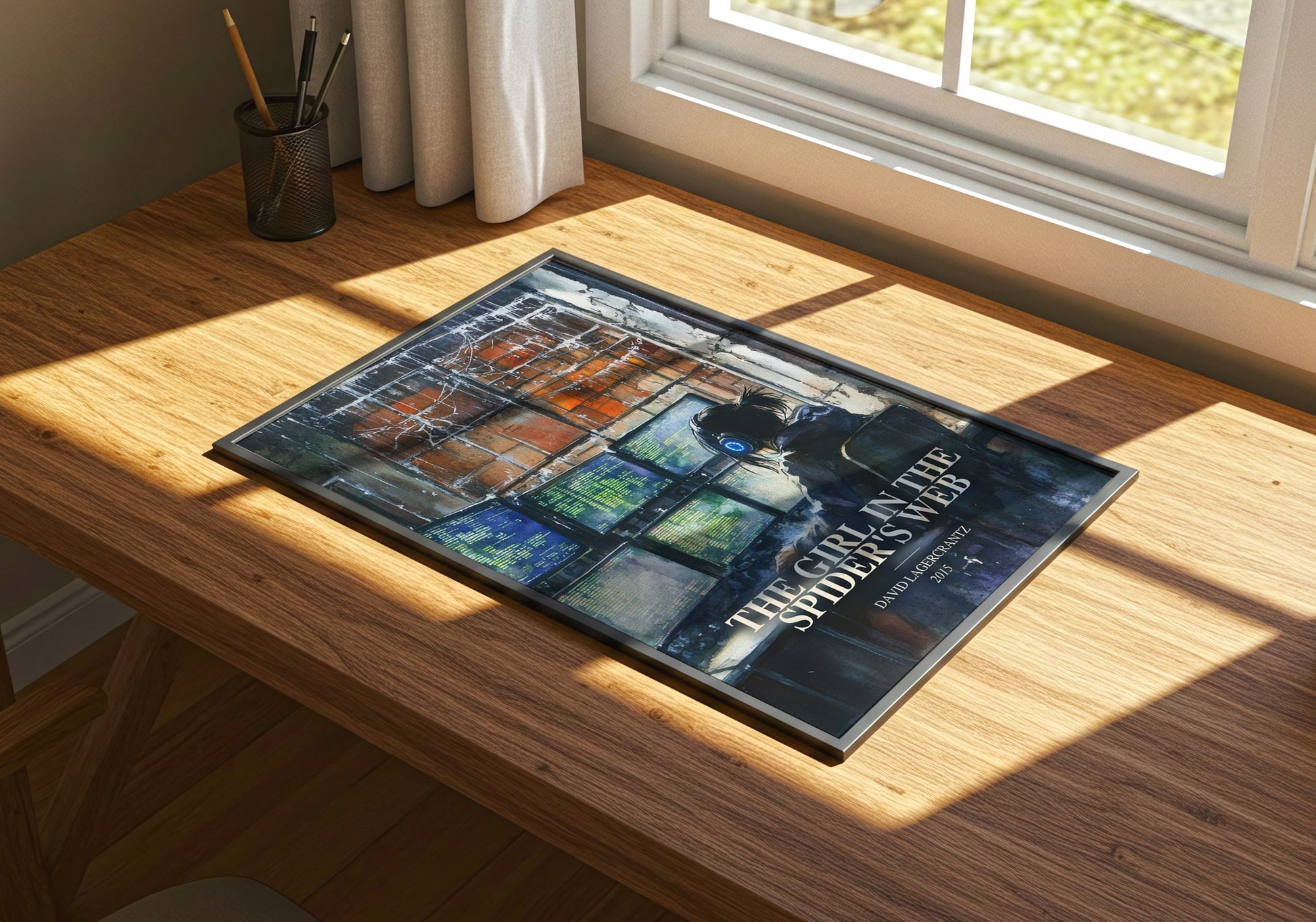 The Girl In The Spider'S Web watercolour book poster framed on wall – thriller wall art