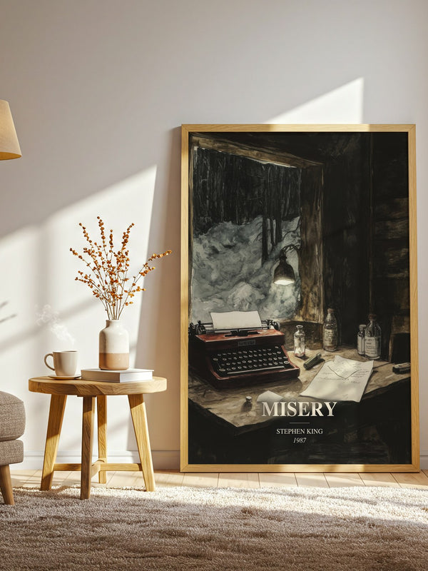 Misery watercolour print in frame leaning in hallway – horror wall art