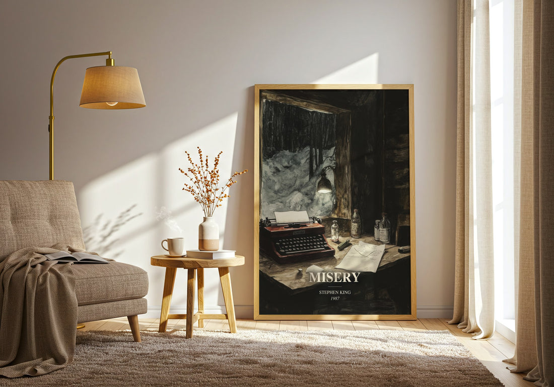 Misery watercolour print in frame leaning in hallway – horror wall art (mockup)