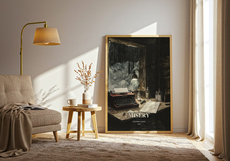 Misery watercolour print in frame leaning in hallway – horror wall art