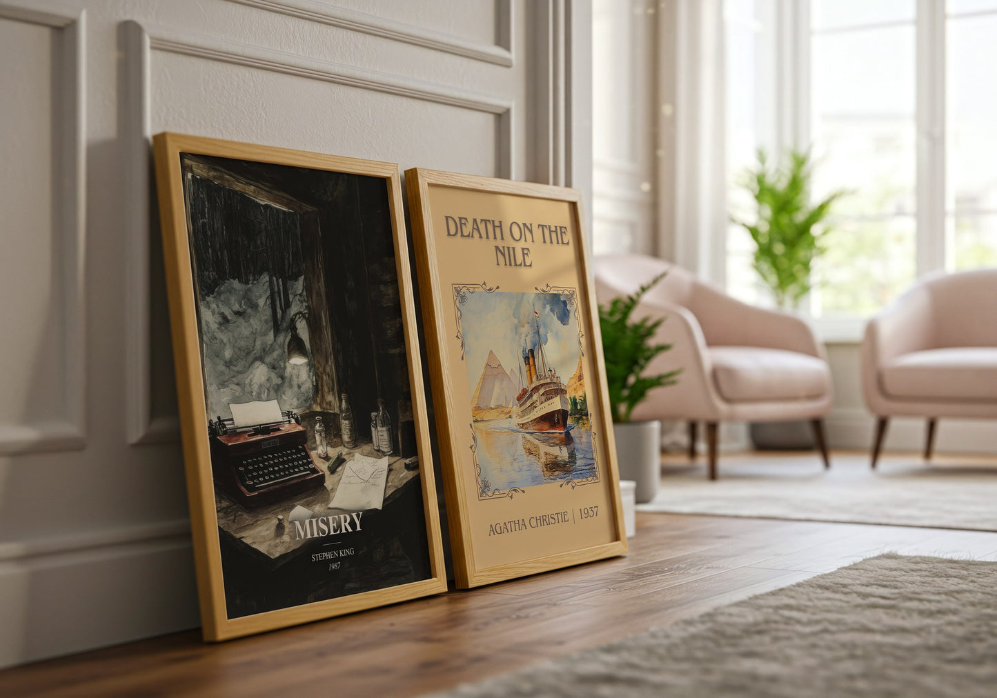Misery watercolour print framed by window – literary home decor