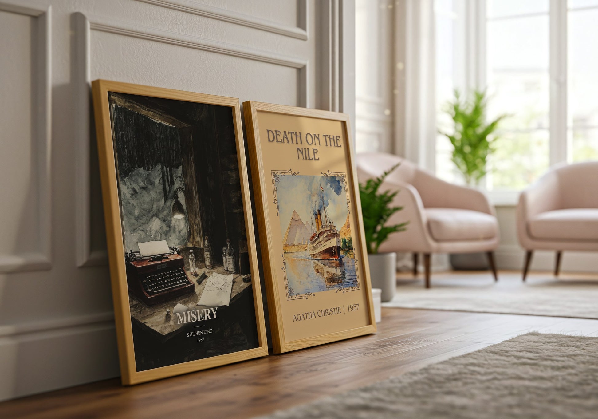 Misery watercolour print framed by window – literary home decor