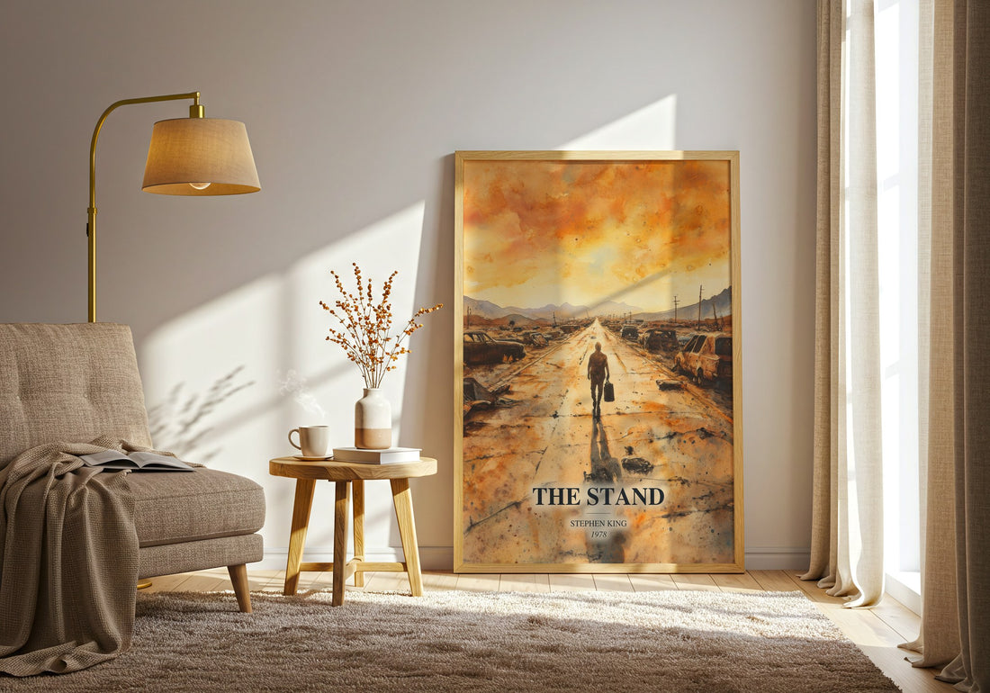 The Stand watercolour print in frame leaning in hallway – horror wall art (mockup)