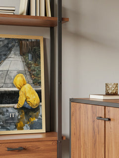It Book Watercolour Illustration by Stephen King – framed print on a shelf by a wooden cabinet