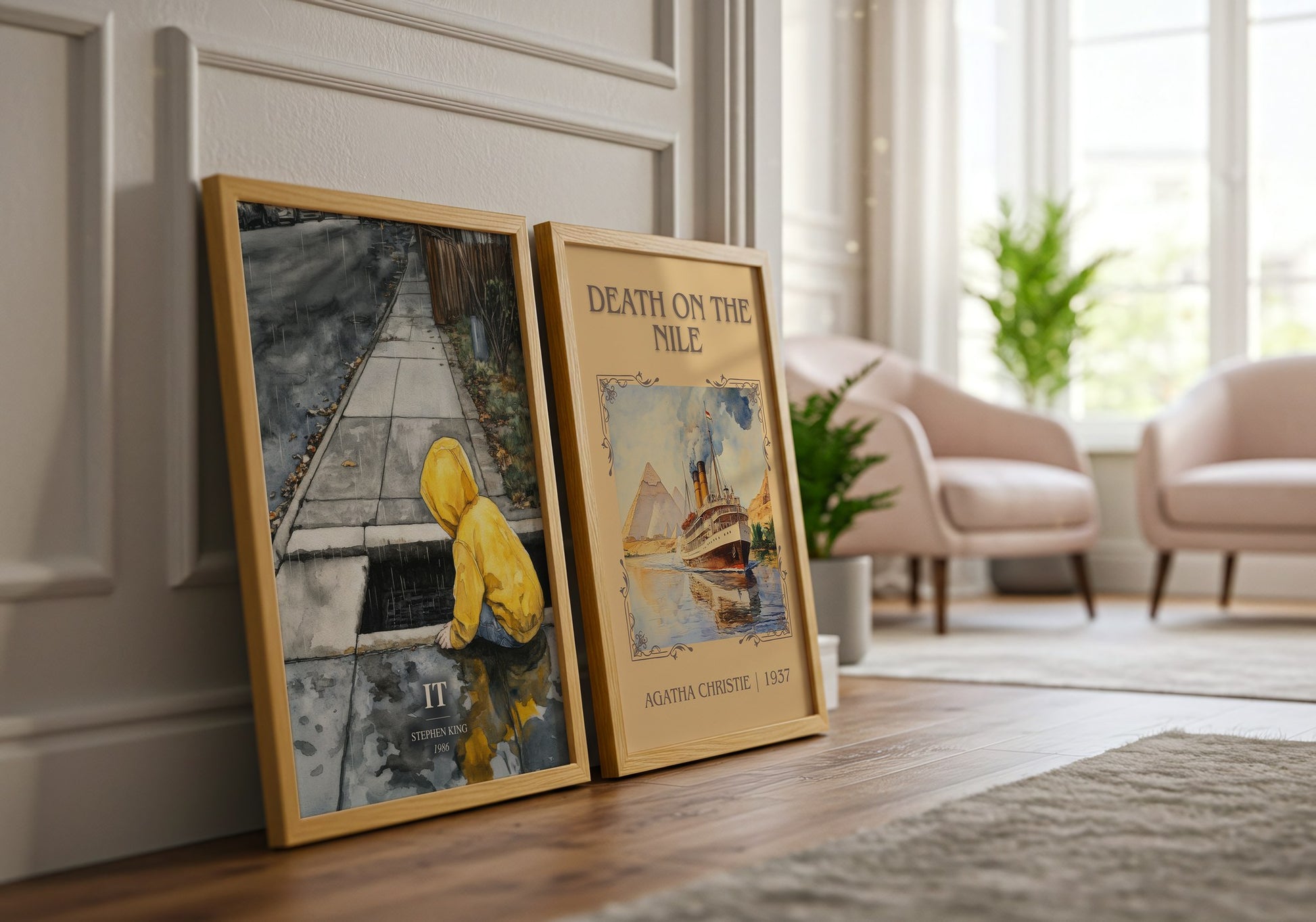 It watercolour print framed by window – literary home decor