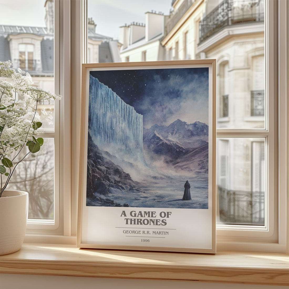 A Game Of Thrones Book Cover Poster by George R.R. Martin – framed print by a bright window