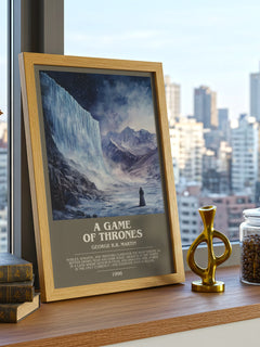 A Game Of Thrones Bookish Wall Art by George R.R. Martin – framed print on a city-view windowsill