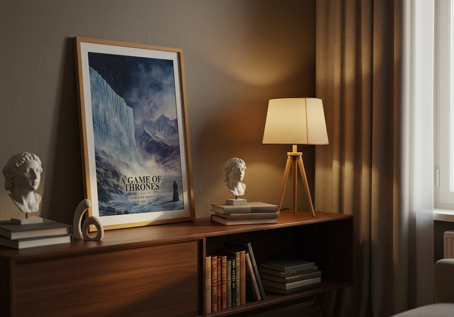A Game Of Thrones watercolour print on bookshelf – George R.R. Martin fan gift