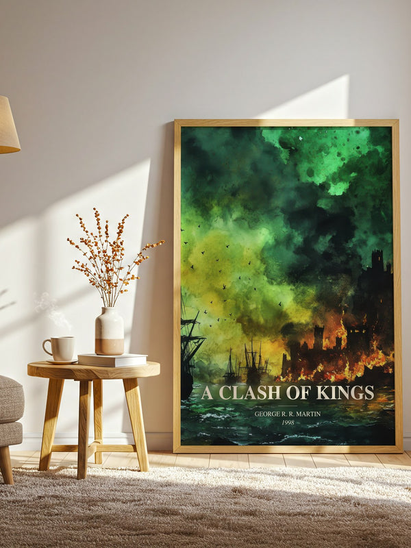 A Clash Of Kings watercolour print in frame leaning in hallway – fantasy wall art