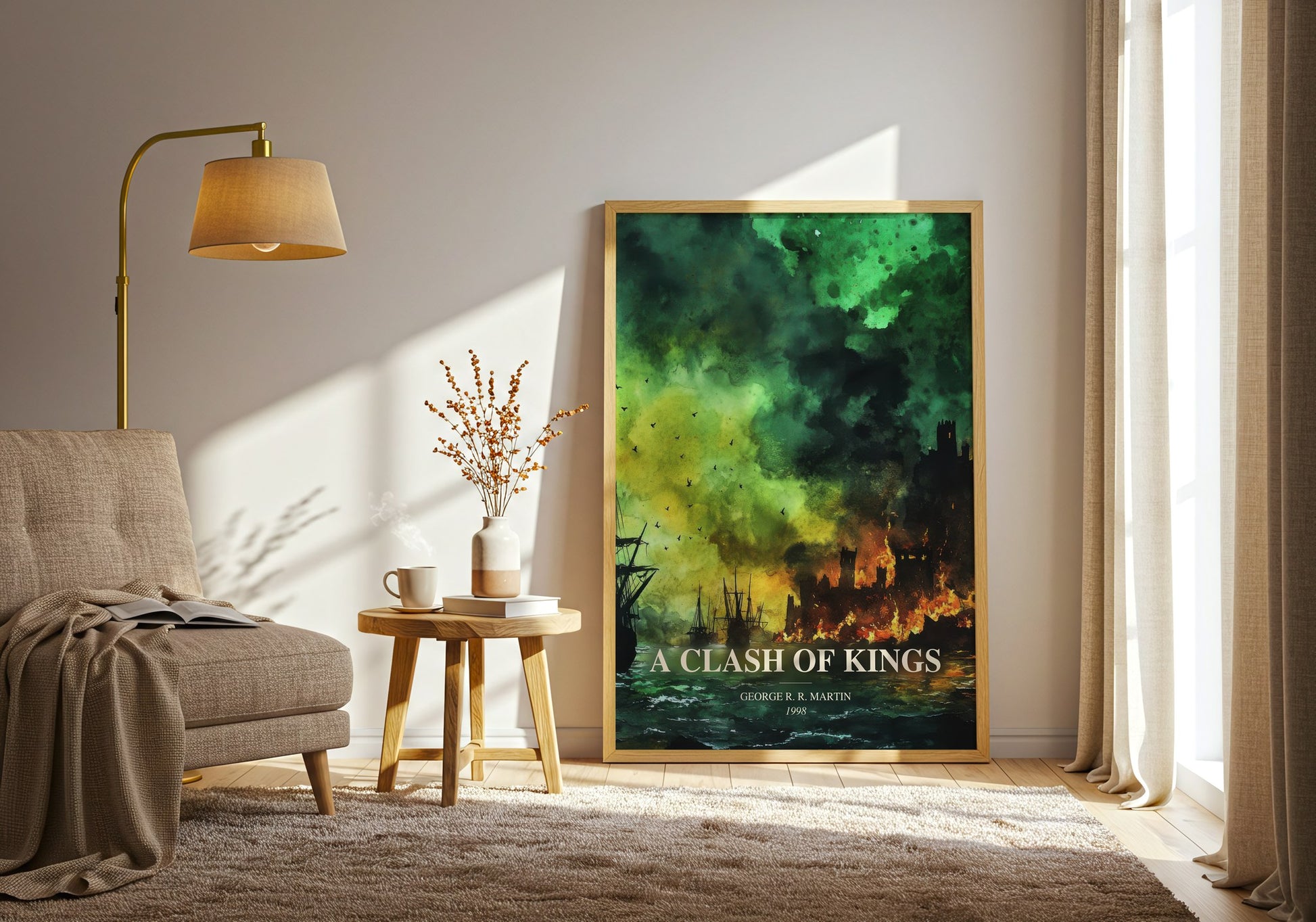 A Clash Of Kings watercolour print in frame leaning in hallway – fantasy wall art