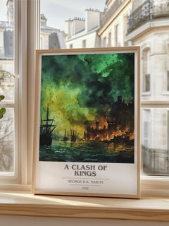A Clash of Kings Book Cover Poster by George R. R. Martin – framed print by a bright window