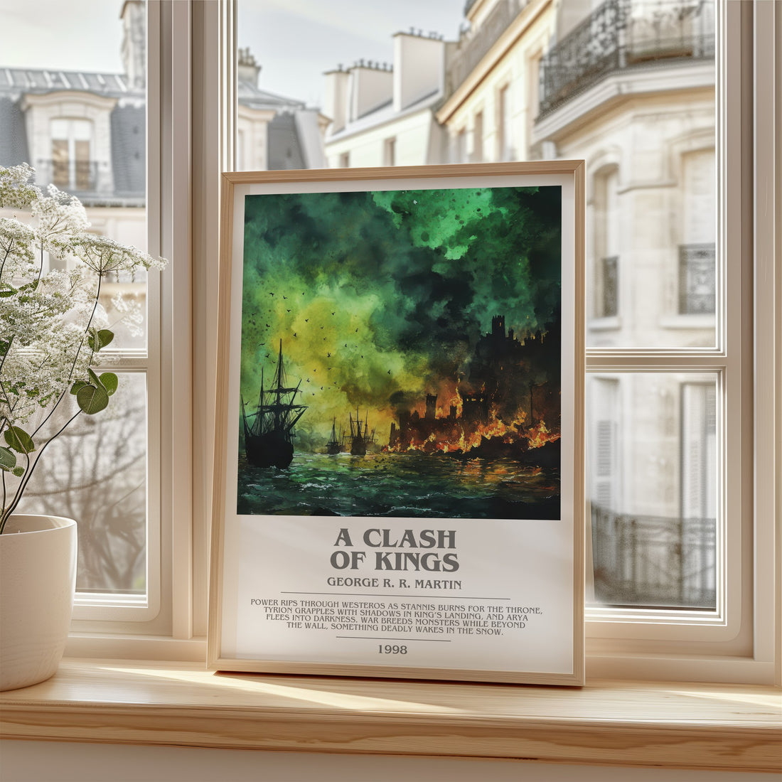 A Clash of Kings Bookish Wall Art by George R. R. Martin – framed print by a bright window