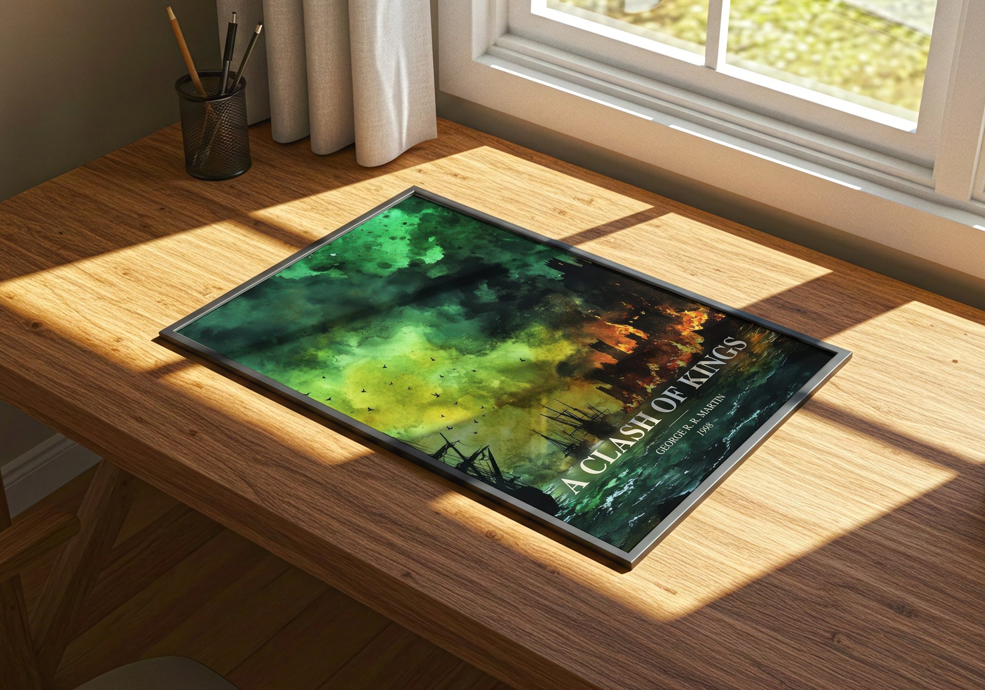 A Clash Of Kings watercolour book poster framed on wall – fantasy wall art