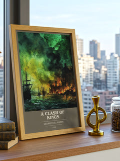 A Clash of Kings Book Cover Poster by George R. R. Martin – framed print on a city-view windowsill