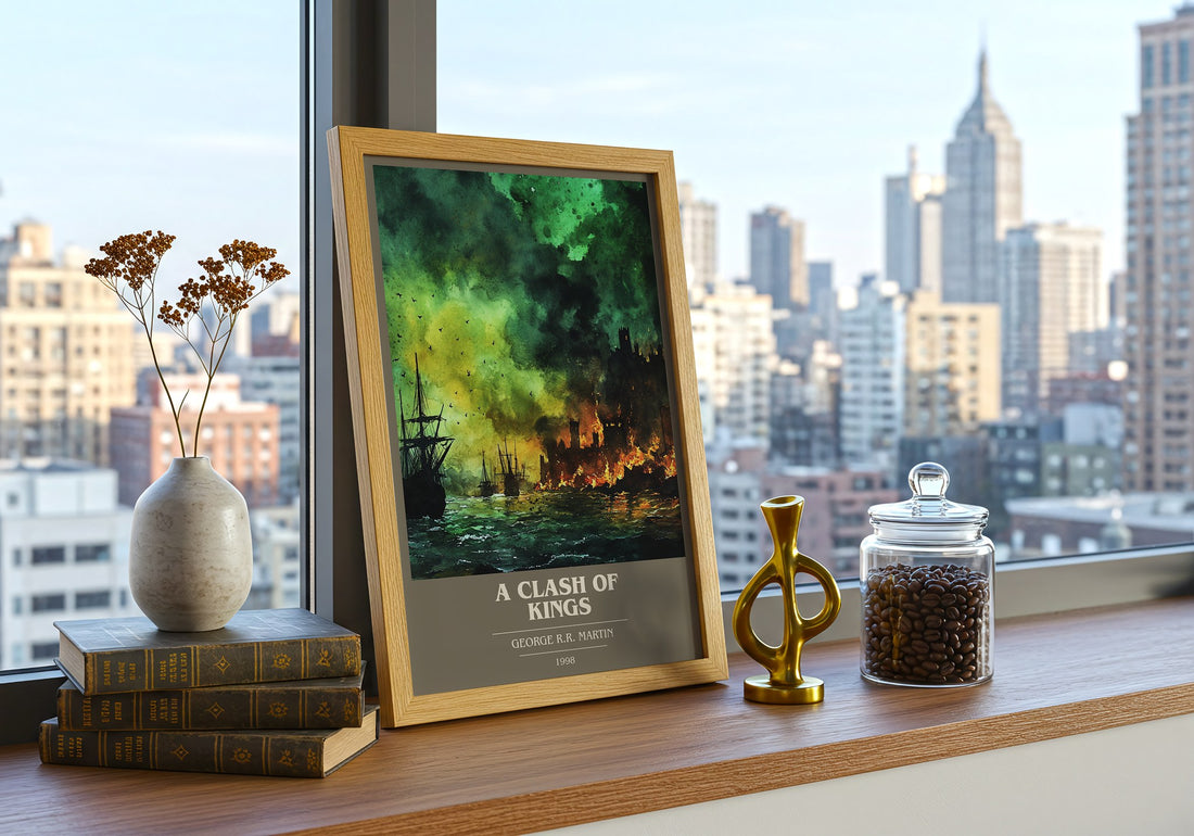 A Clash of Kings Book Cover Poster by George R. R. Martin – framed print on a city-view windowsill