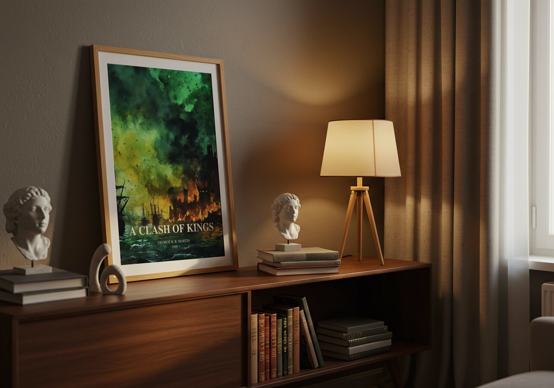 A Clash Of Kings watercolour print on bookshelf – George R. R. Martin fan gift