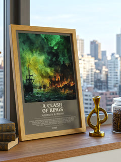 A Clash of Kings Bookish Wall Art by George R. R. Martin – framed print on a city-view windowsill