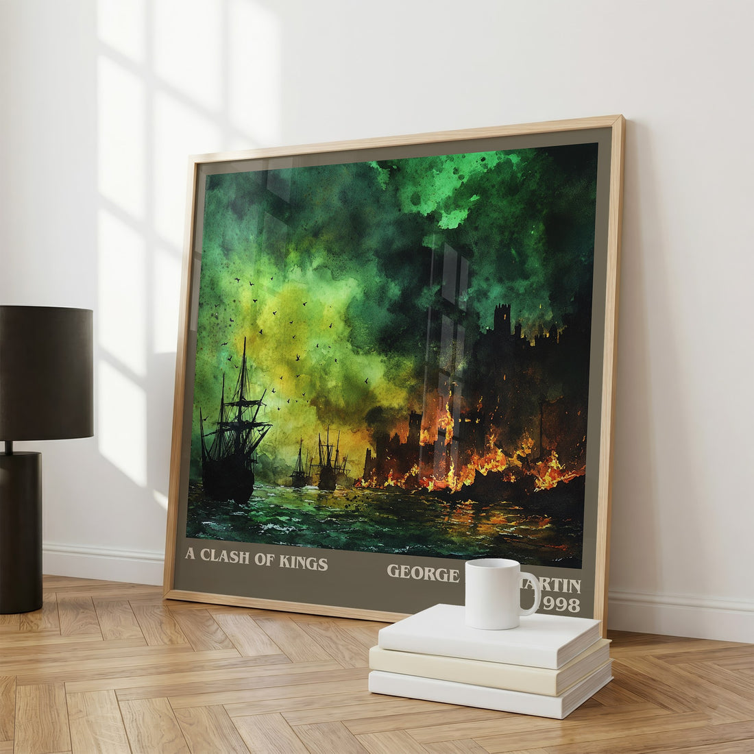 A Clash of Kings Literary Art Print by George R. R. Martin – large square framed print leaning against a wall