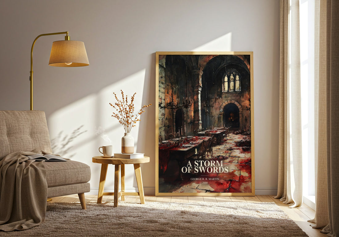 A Storm Of Swords watercolour print in frame leaning in hallway – fantasy wall art (mockup)