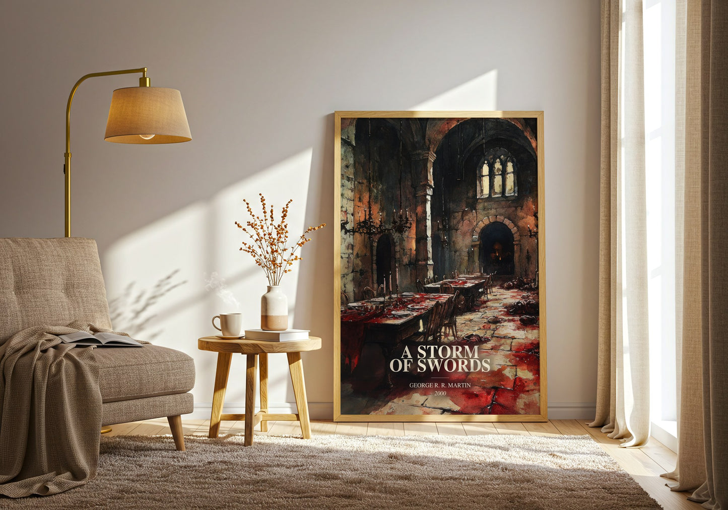 A Storm Of Swords watercolour print in frame leaning in hallway – fantasy wall art