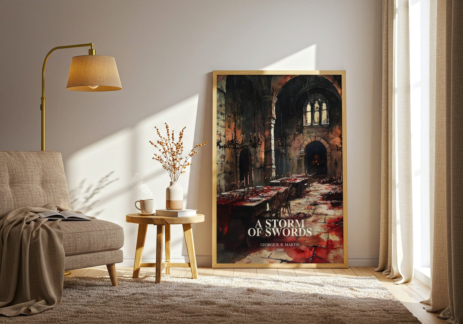 A Storm Of Swords watercolour print in frame leaning in hallway – fantasy wall art