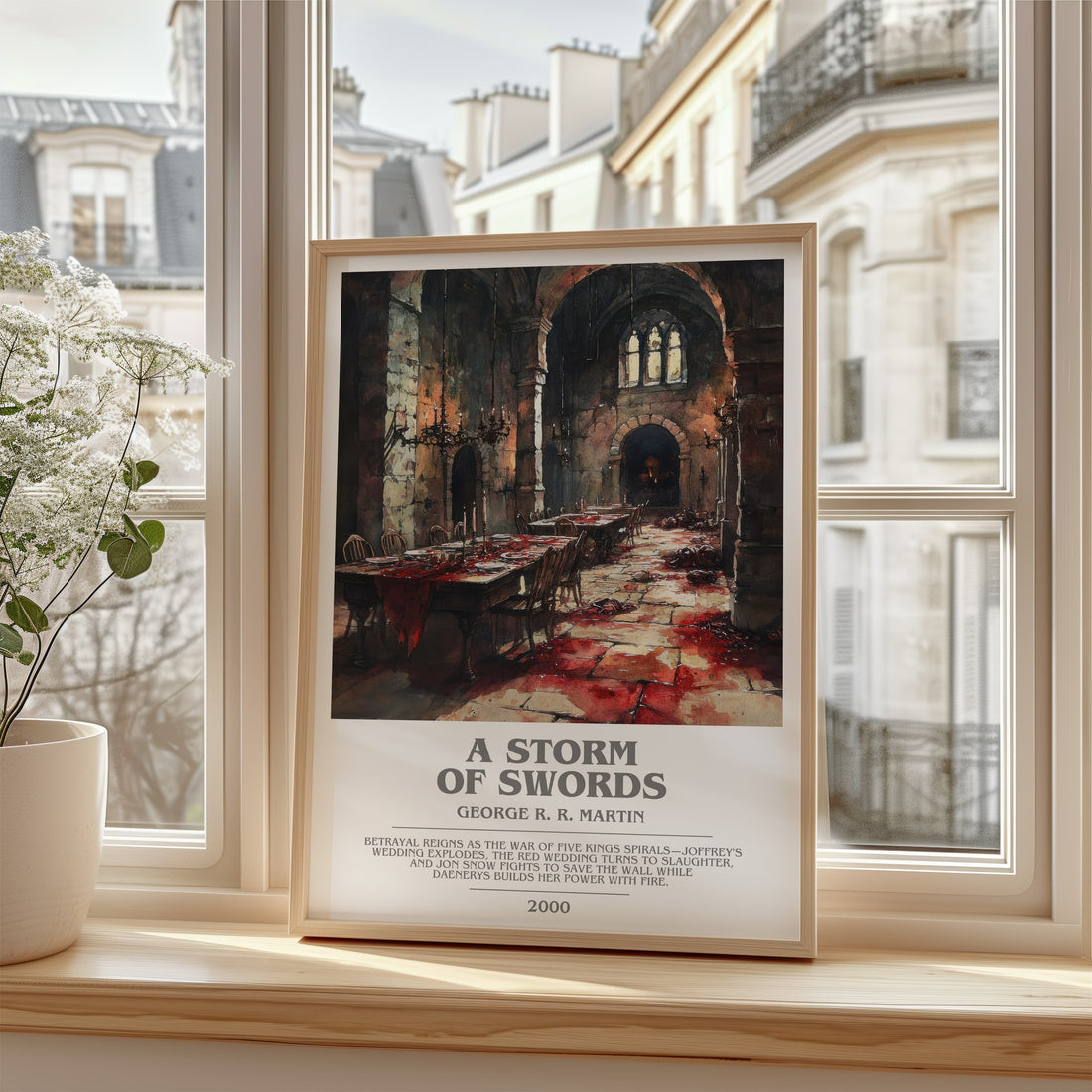 A Storm of Swords Bookish Wall Art by George R. R. Martin – framed print by a bright window