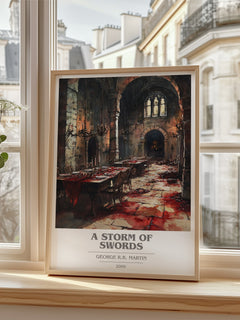 A Storm of Swords Book Cover Poster by George R. R. Martin – framed print by a bright window