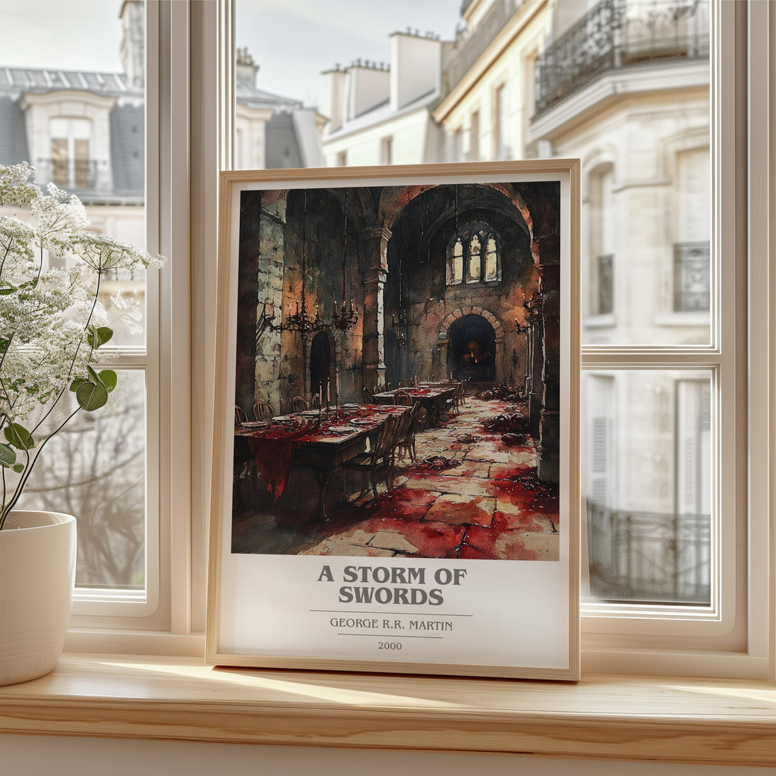 A Storm of Swords Book Cover Poster by George R. R. Martin – framed print by a bright window