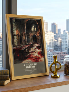 A Storm of Swords Book Cover Poster by George R. R. Martin – framed print on a city-view windowsill