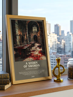 A Storm of Swords Bookish Wall Art by George R. R. Martin – framed print on a city-view windowsill
