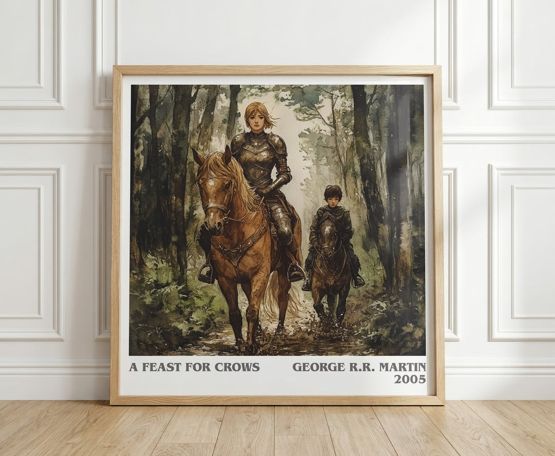 A Feast For Crows literary print in frame leaning in hallway – fantasy wall art (mockup)