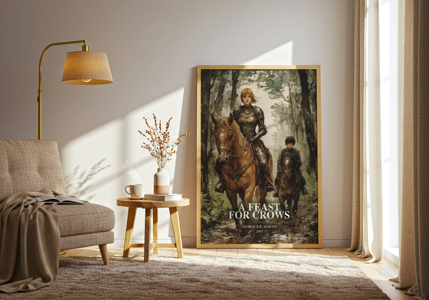 A Feast For Crows watercolour print in frame leaning in hallway – fantasy wall art