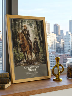 A Feast For Crows Book Cover Poster by George R.R. Martin – framed print on a city-view windowsill