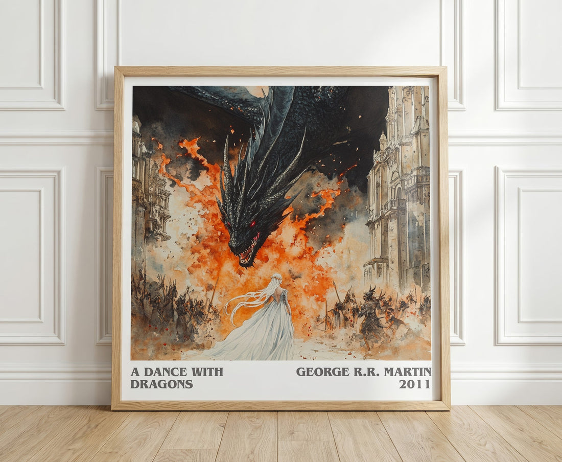 A Dance With Dragons literary print in frame leaning in hallway – fantasy wall art (mockup)