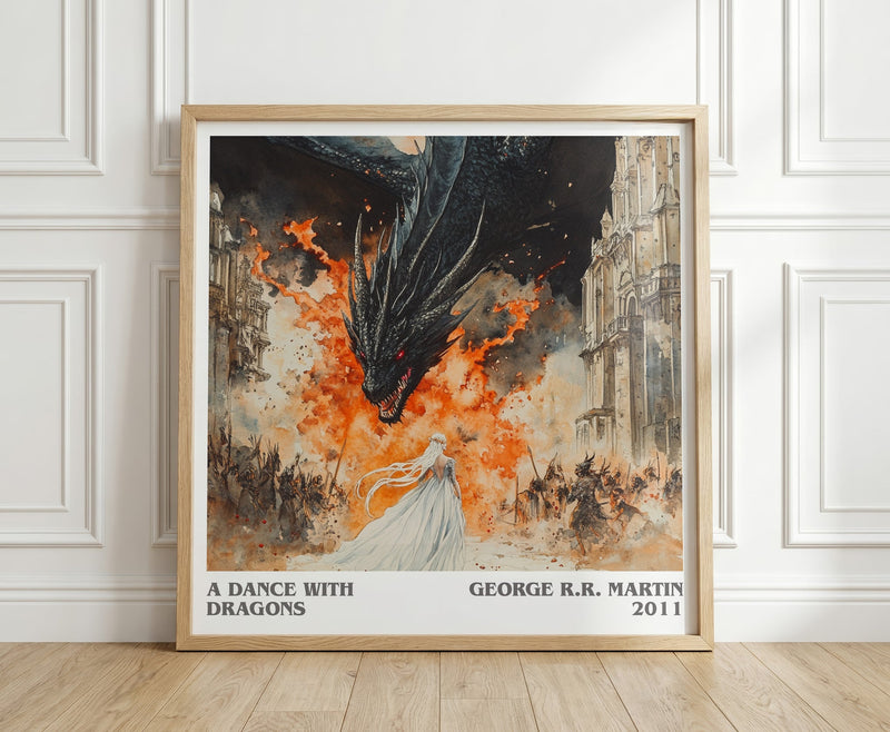 A Dance With Dragons literary print in frame leaning in hallway – fantasy wall art